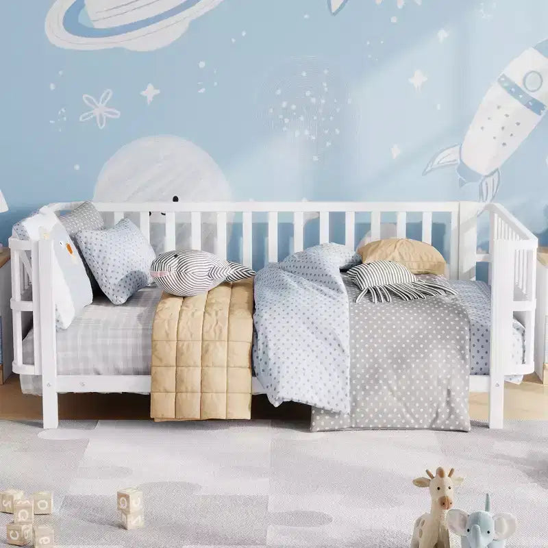 Letto a piattaforma singolo in metallo per bambini con sponde rimovibili – Nero / Bianco, 1 bambino