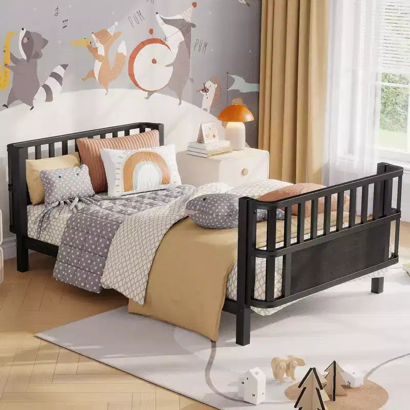 Letto a piattaforma singolo in metallo per bambini con sponde rimovibili – Nero / Bianco, 1 bambino