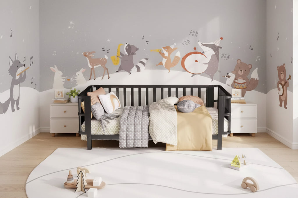 Letto a piattaforma singolo in metallo per bambini con sponde rimovibili – Nero / Bianco, 1 bambino