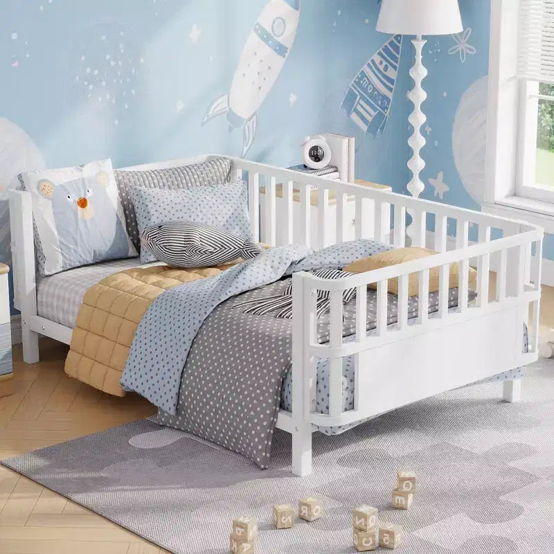Letto a piattaforma singolo in metallo per bambini con sponde rimovibili – Nero / Bianco, 1 bambino