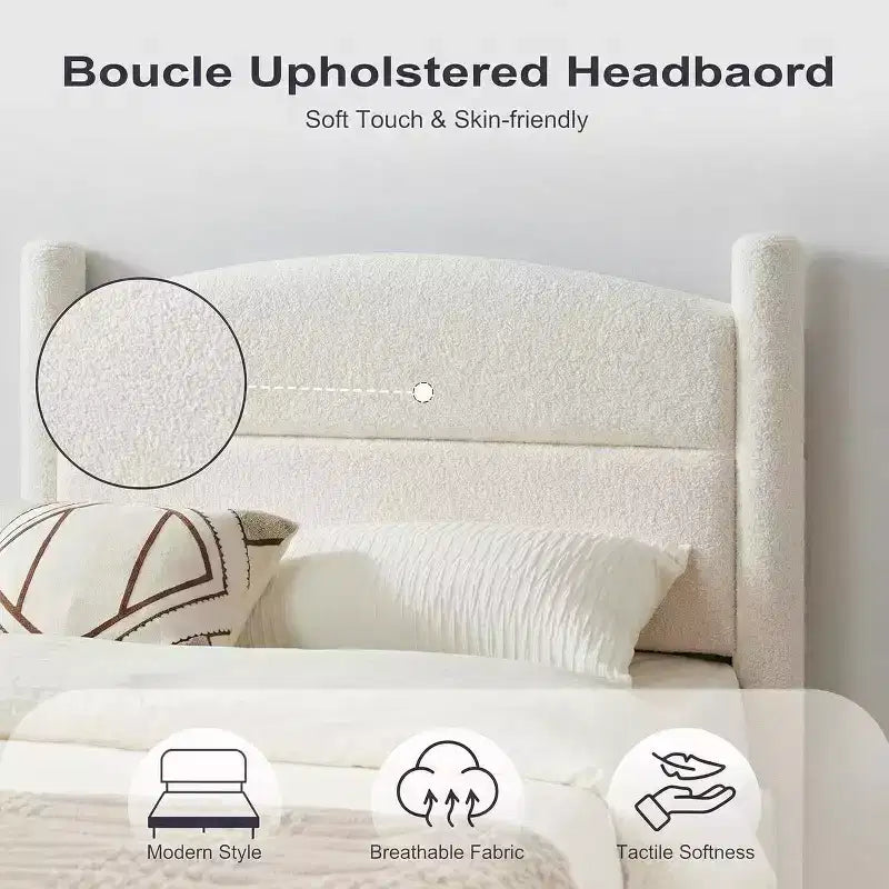 Struttura letto imbottita in Bouclé Beige, Nessuna Box Spring Necessaria – Singolo / Matrimoniale / Queen