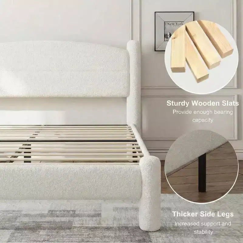 Struttura letto imbottita in Bouclé Beige, Nessuna Box Spring Necessaria – Singolo / Matrimoniale / Queen