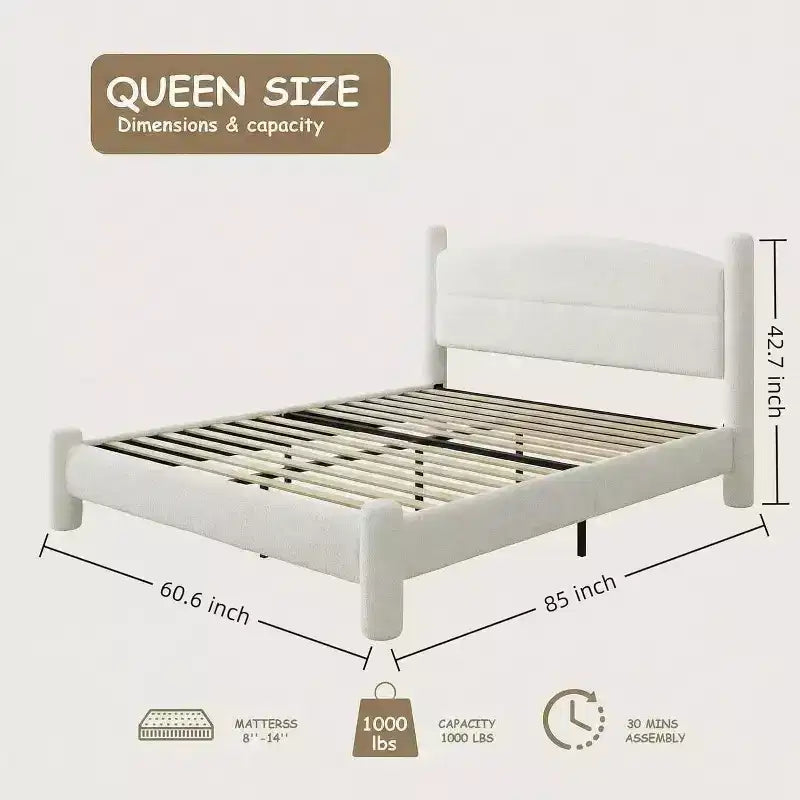 Struttura letto imbottita in Bouclé Beige, Nessuna Box Spring Necessaria – Singolo / Matrimoniale / Queen