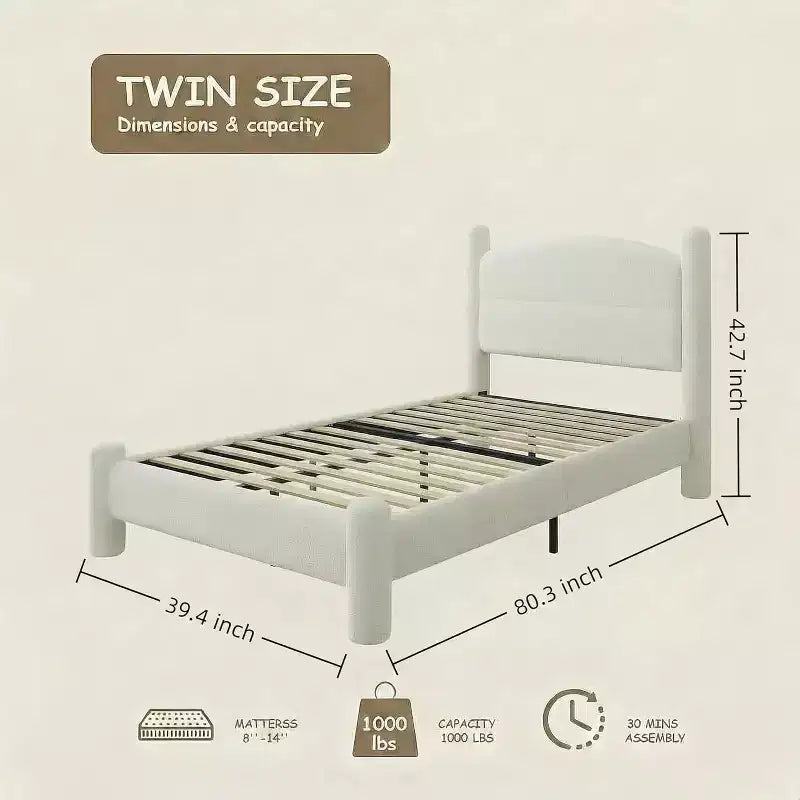 Struttura letto imbottita in Bouclé Beige, Nessuna Box Spring Necessaria – Singolo / Matrimoniale / Queen