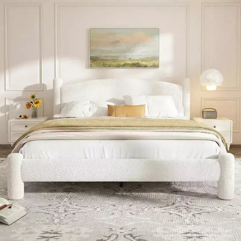 Struttura letto imbottita in Bouclé Beige, Nessuna Box Spring Necessaria – Singolo / Matrimoniale / Queen