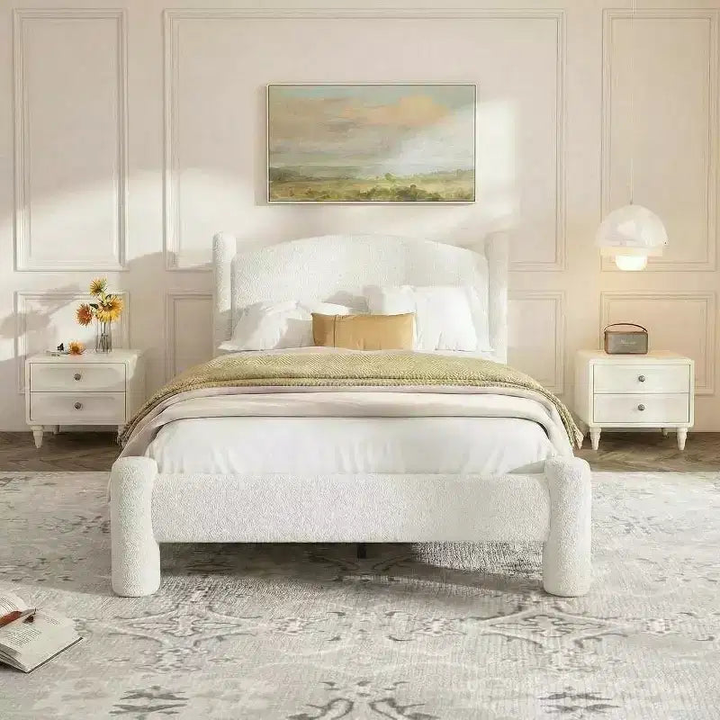 Struttura letto imbottita in Bouclé Beige, Nessuna Box Spring Necessaria – Singolo / Matrimoniale / Queen