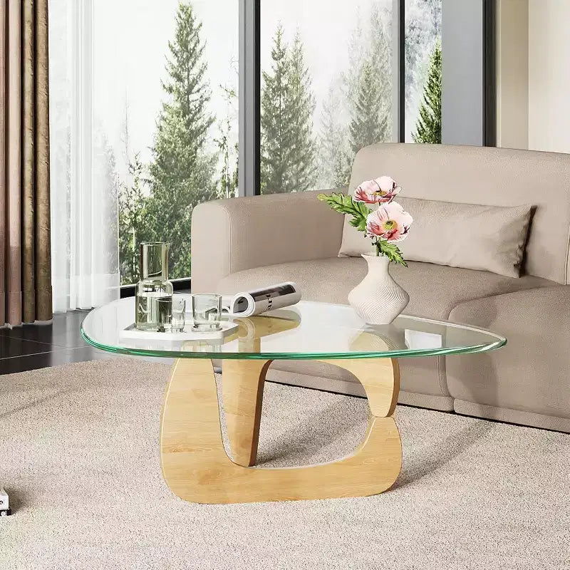 Tavolino da caffè in vetro triangolare – Nero / Espresso / Naturale, Stile Mid-Century
