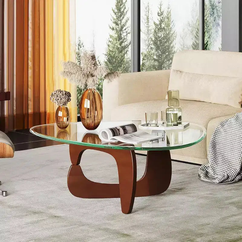 Tavolino da caffè in vetro triangolare – Nero / Espresso / Naturale, Stile Mid-Century