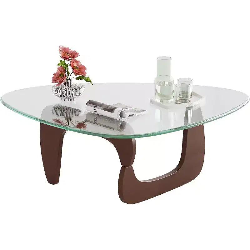 Tavolino da caffè in vetro triangolare – Nero / Espresso / Naturale, Stile Mid-Century
