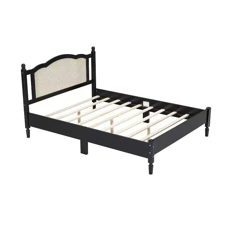 Letto a piattaforma Queen Size, Marrone Naturale, Testiera in Rattan, Doghe in Legno, 1 persona