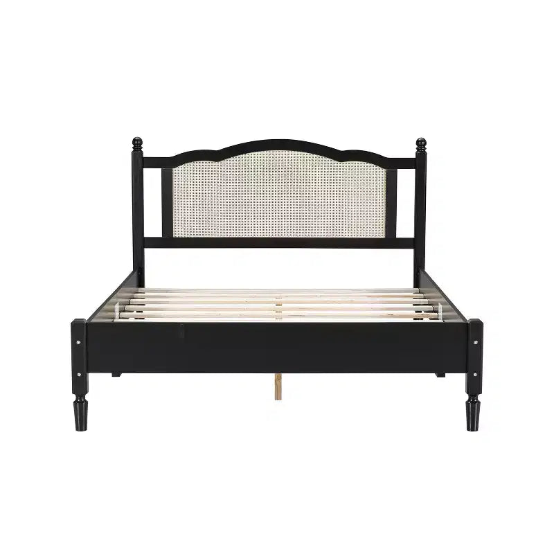 Letto a piattaforma Queen Size, Marrone Naturale, Testiera in Rattan, Doghe in Legno, 1 persona