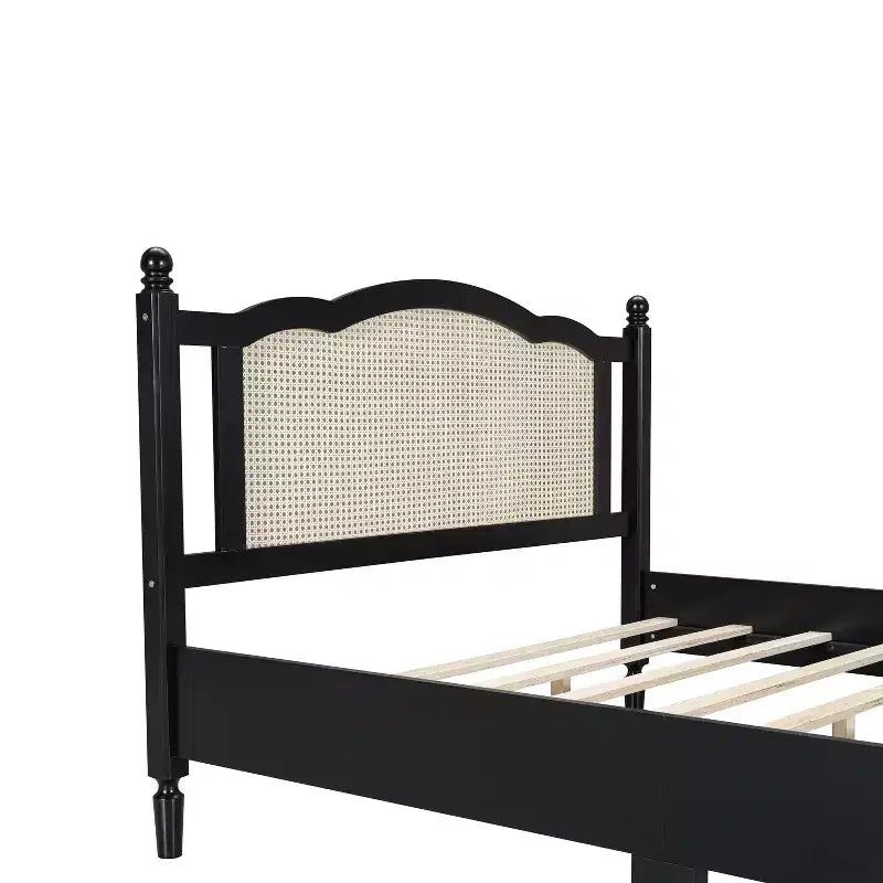 Letto a piattaforma Queen Size, Marrone Naturale, Testiera in Rattan, Doghe in Legno, 1 persona