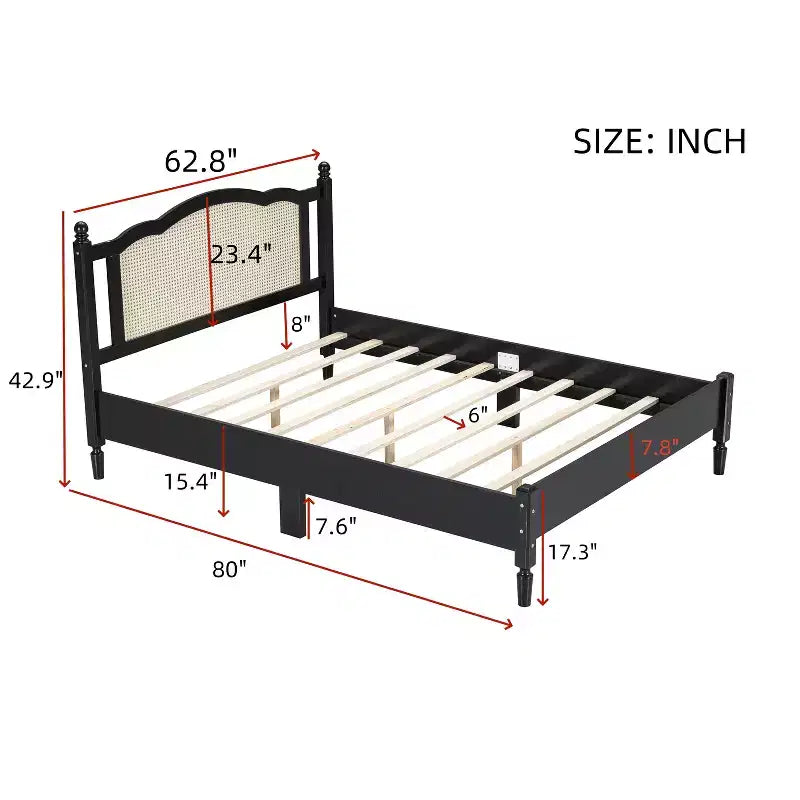 Letto a piattaforma Queen Size, Marrone Naturale, Testiera in Rattan, Doghe in Legno, 1 persona