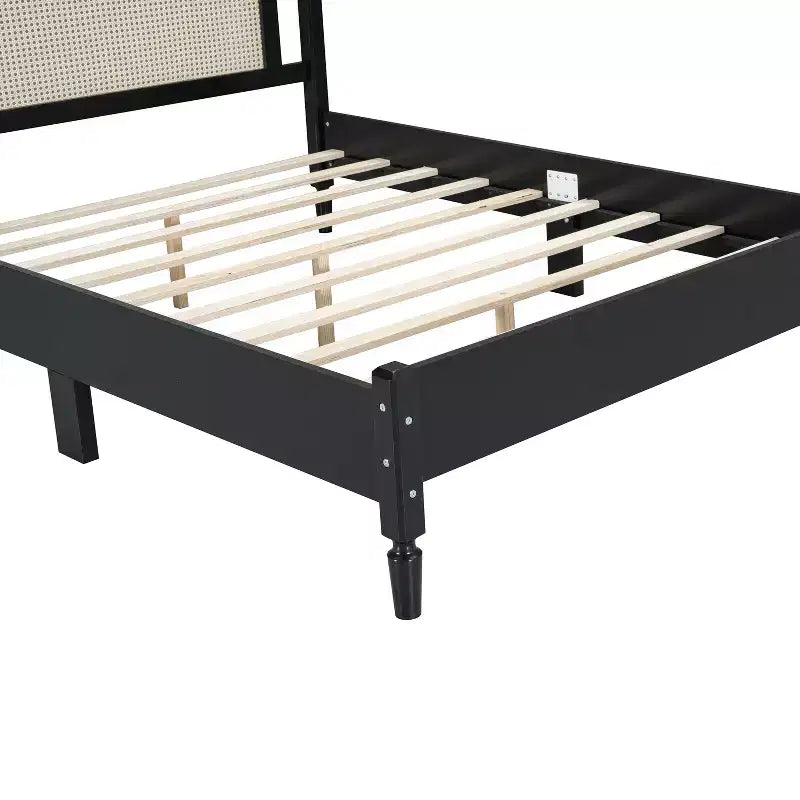 Letto a piattaforma Queen Size, Marrone Naturale, Testiera in Rattan, Doghe in Legno, 1 persona