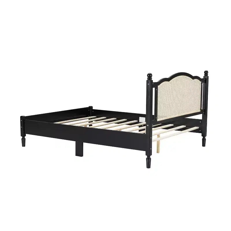 Letto a piattaforma Queen Size, Marrone Naturale, Testiera in Rattan, Doghe in Legno, 1 persona