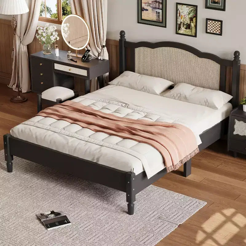 Letto a piattaforma Queen Size, Marrone Naturale, Testiera in Rattan, Doghe in Legno, 1 persona