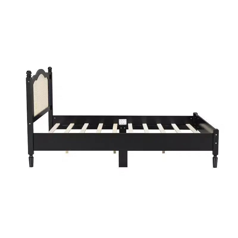 Letto a piattaforma Queen Size, Marrone Naturale, Testiera in Rattan, Doghe in Legno, 1 persona