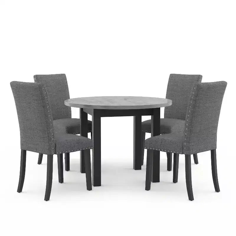 5pc Kellum Contemporary Round Dining Set: Faux Marble Top, Nailhead Trim Chairs - miBasics