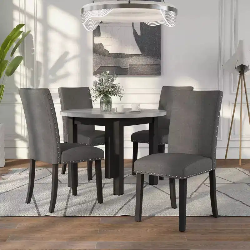 Set da pranzo rotondo a 5 pezzi in similmarmo grigio e bianco (4 posti)