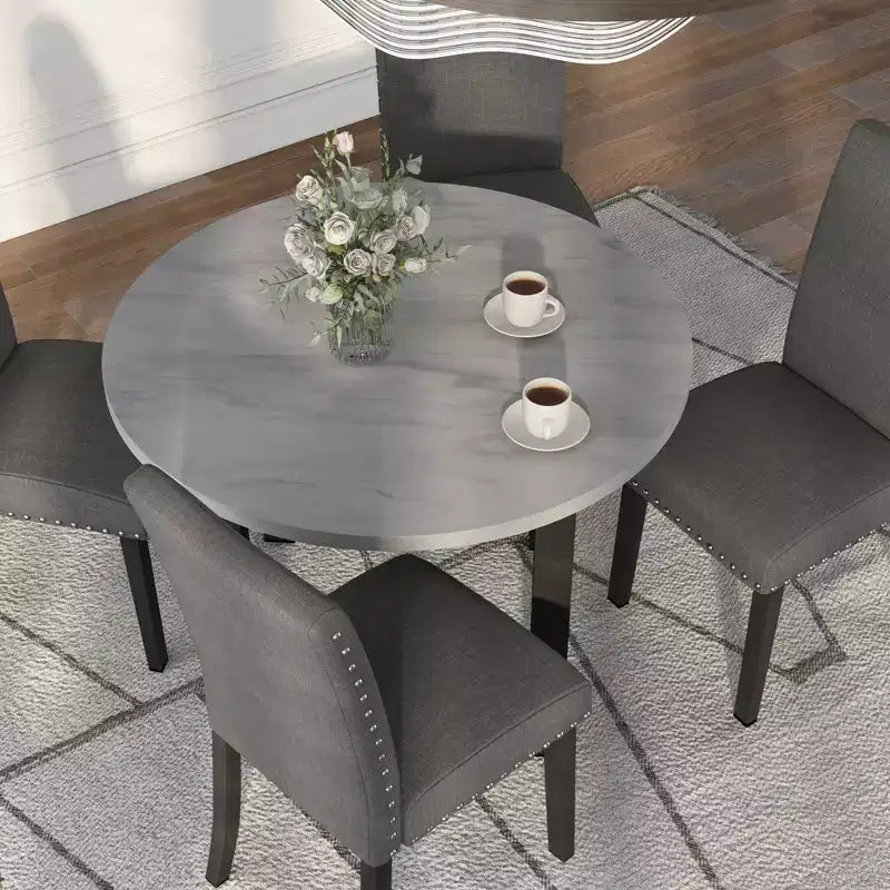 Set da pranzo rotondo a 5 pezzi in similmarmo grigio e bianco (4 posti)