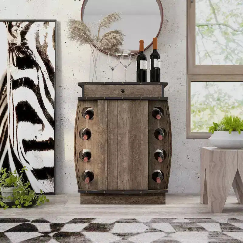 Credenza portavino in legno naturale effetto invecchiato, con portabottiglie da 8 posti, porta calici e cassetto, montaggio per 1 persona