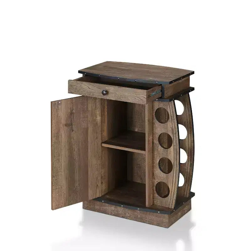 Credenza portavino in legno naturale effetto invecchiato, con portabottiglie da 8 posti, porta calici e cassetto, montaggio per 1 persona