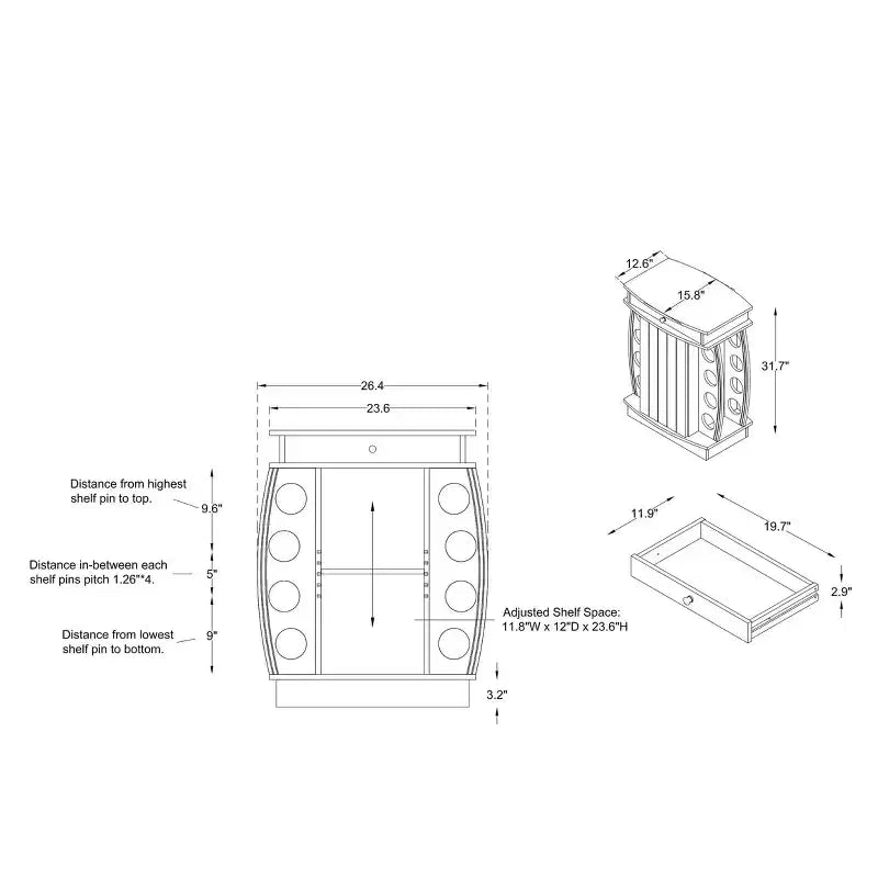 Credenza portavino in legno naturale effetto invecchiato, con portabottiglie da 8 posti, porta calici e cassetto, montaggio per 1 persona