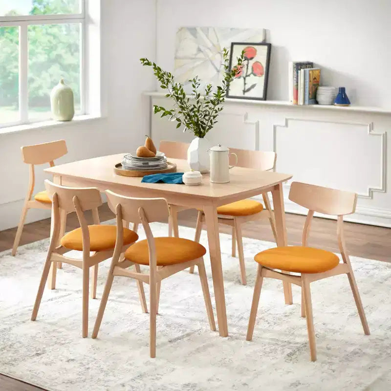 Set da pranzo rettangolare Mid-Century Modern 7 pezzi, naturale/arancione, 6 posti