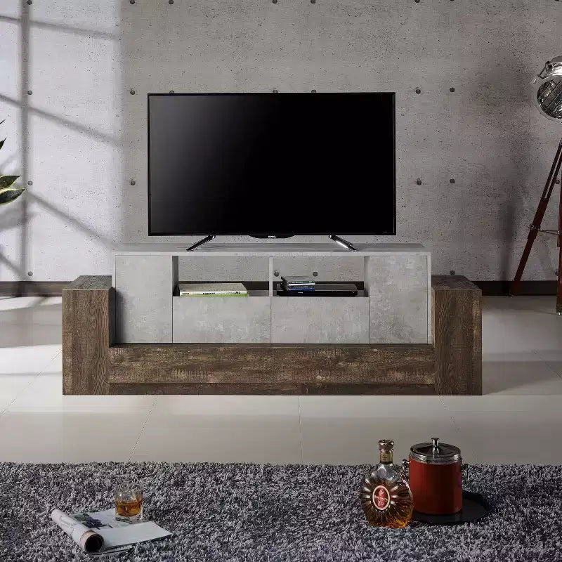 Mobile TV in cemento e rovere di recupero, stile industriale, adatto a TV fino a 80", montaggio da 1 persona