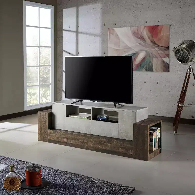Mobile TV in cemento e rovere di recupero, stile industriale, adatto a TV fino a 80", montaggio da 1 persona