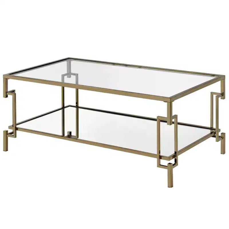 Set di tavolini (caffè + laterale + consolle) a 3 pezzi in vetro e acciaio color oro champagne – Adatto a 1 ambiente