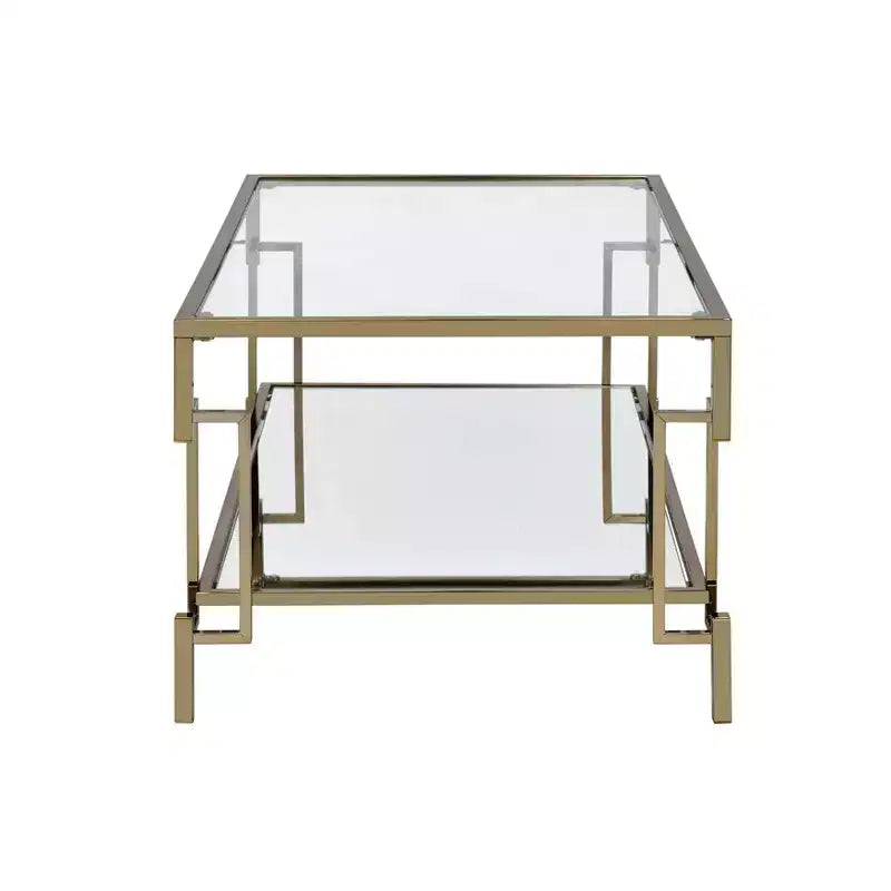 Set di tavolini (caffè + laterale + consolle) a 3 pezzi in vetro e acciaio color oro champagne – Adatto a 1 ambiente