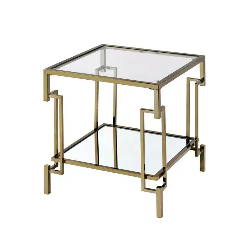 Set di tavolini (caffè + laterale + consolle) a 3 pezzi in vetro e acciaio color oro champagne – Adatto a 1 ambiente