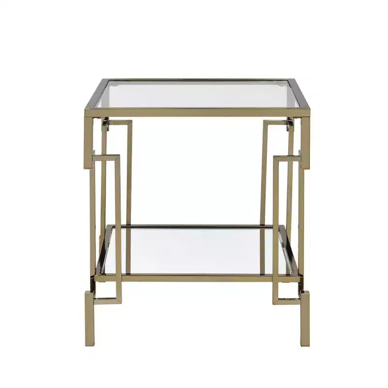 Set di tavolini (caffè + laterale + consolle) a 3 pezzi in vetro e acciaio color oro champagne – Adatto a 1 ambiente