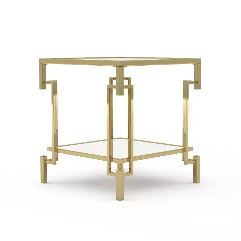 Set di tavolini (caffè + laterale + consolle) a 3 pezzi in vetro e acciaio color oro champagne – Adatto a 1 ambiente
