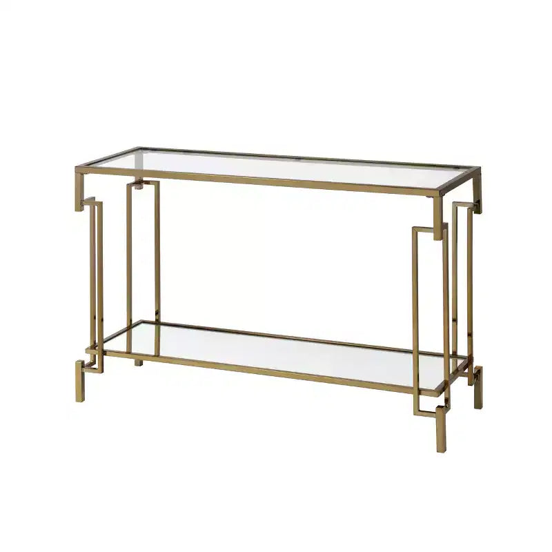 Set di tavolini (caffè + laterale + consolle) a 3 pezzi in vetro e acciaio color oro champagne – Adatto a 1 ambiente