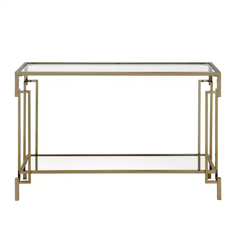 Set di tavolini (caffè + laterale + consolle) a 3 pezzi in vetro e acciaio color oro champagne – Adatto a 1 ambiente