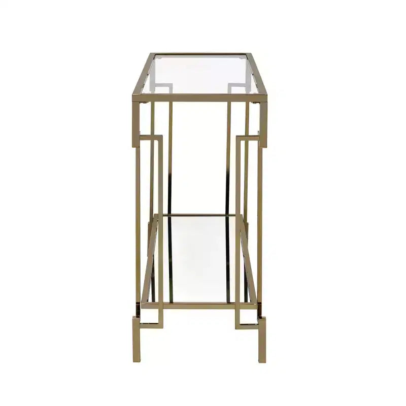 Set di tavolini (caffè + laterale + consolle) a 3 pezzi in vetro e acciaio color oro champagne – Adatto a 1 ambiente