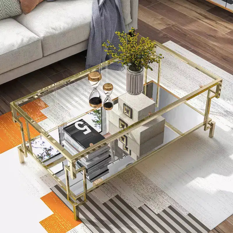 Set di tavolini (caffè + laterale + consolle) a 3 pezzi in vetro e acciaio color oro champagne – Adatto a 1 ambiente