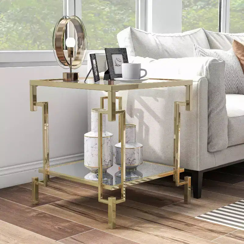 Set di tavolini (caffè + laterale + consolle) a 3 pezzi in vetro e acciaio color oro champagne – Adatto a 1 ambiente
