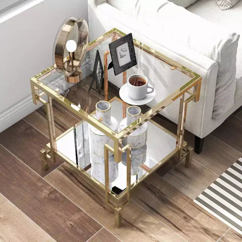 Set di tavolini (caffè + laterale + consolle) a 3 pezzi in vetro e acciaio color oro champagne – Adatto a 1 ambiente
