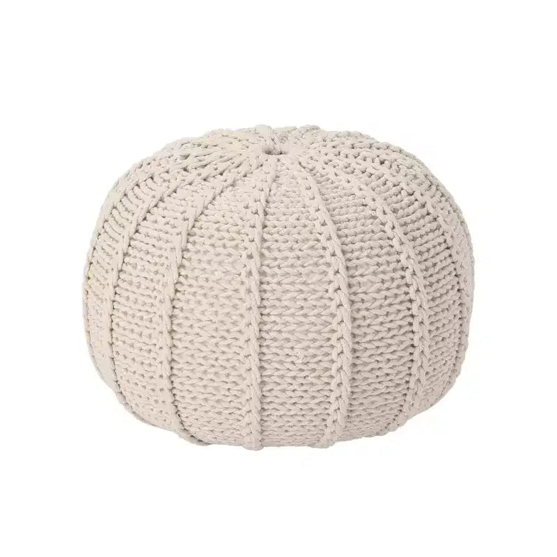 Pouf rotondo in cotone lavorato a maglia, naturale, monoposto