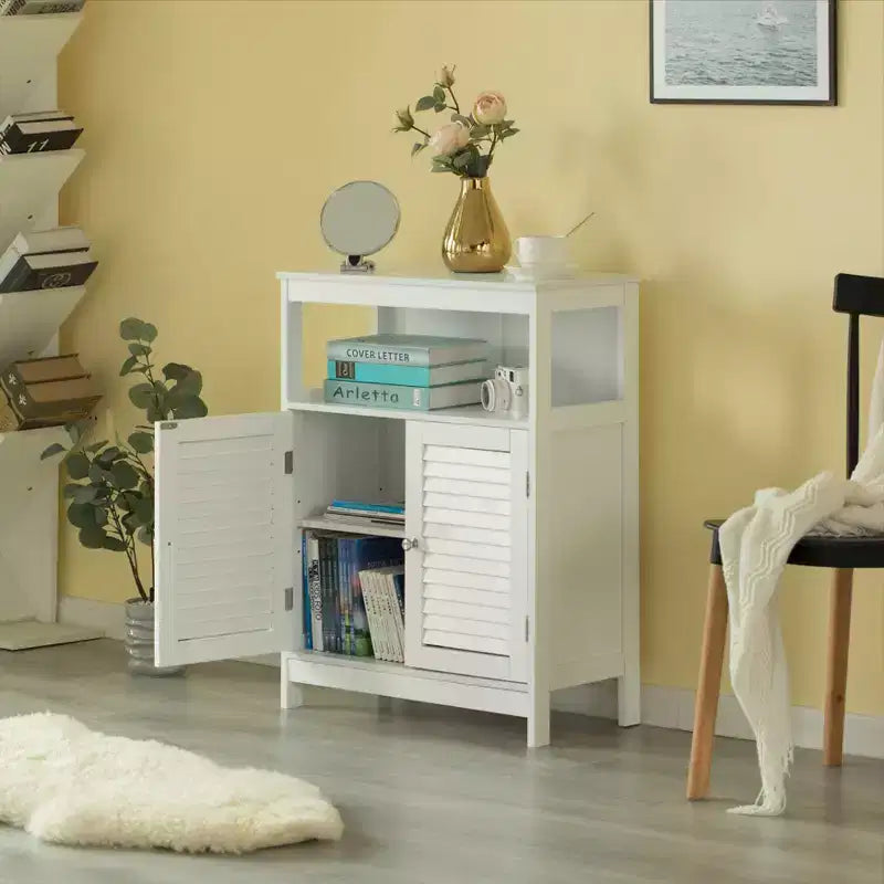 Mobiletto bianco da bagno a terra con ante a persiana | 4 ripiani | Singolo