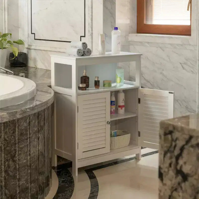 Mobiletto bianco da bagno a terra con ante a persiana | 4 ripiani | Singolo