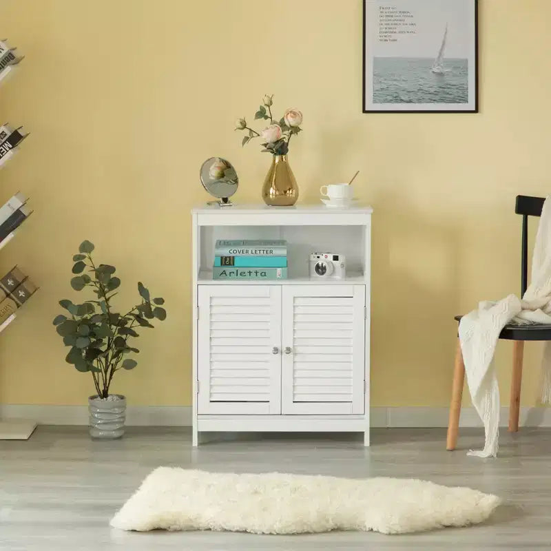 Mobiletto bianco da bagno a terra con ante a persiana | 4 ripiani | Singolo