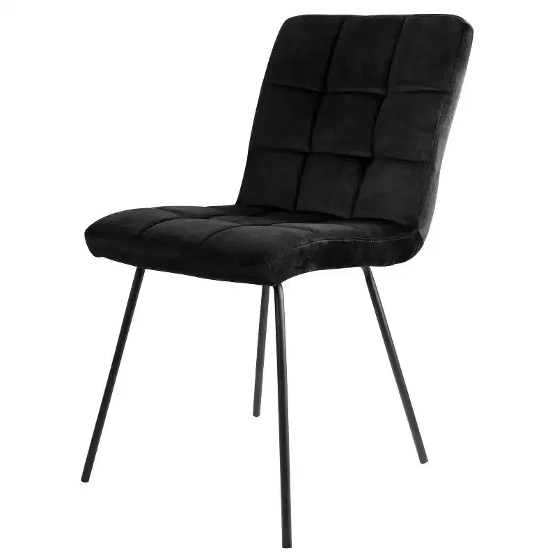 Sedie accentate trapuntate in velluto nero con gambe in metallo, set da 2