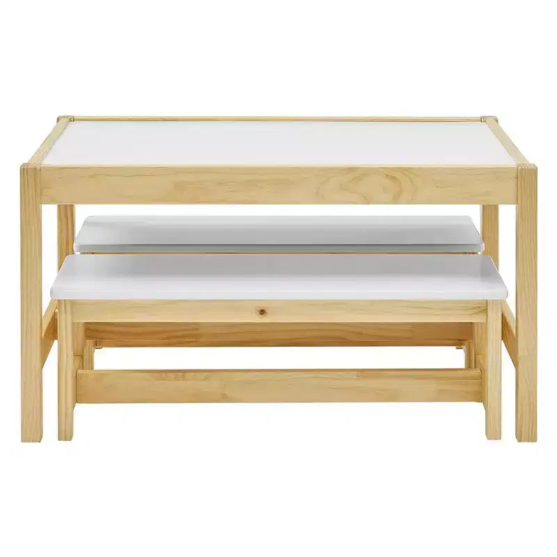 Set Tavolo e Panca Attività per Bambini in Legno Naturale, Piano Bianco, 3 Pezzi, 4 Posti