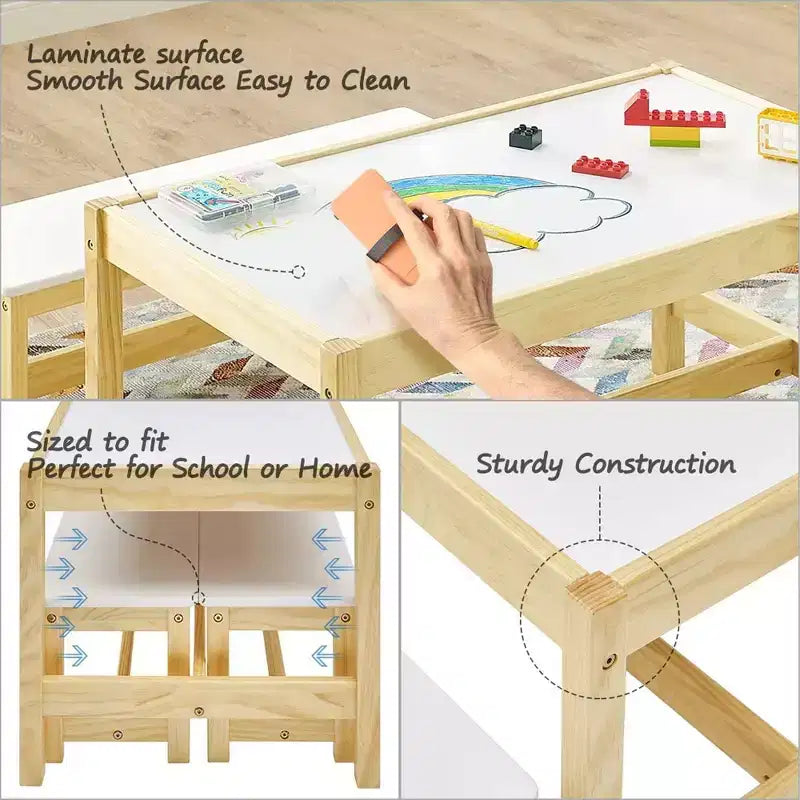 Set Tavolo e Panca Attività per Bambini in Legno Naturale, Piano Bianco, 3 Pezzi, 4 Posti