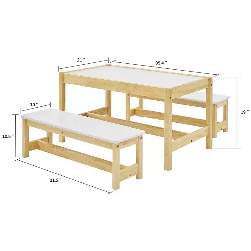 Set Tavolo e Panca Attività per Bambini in Legno Naturale, Piano Bianco, 3 Pezzi, 4 Posti
