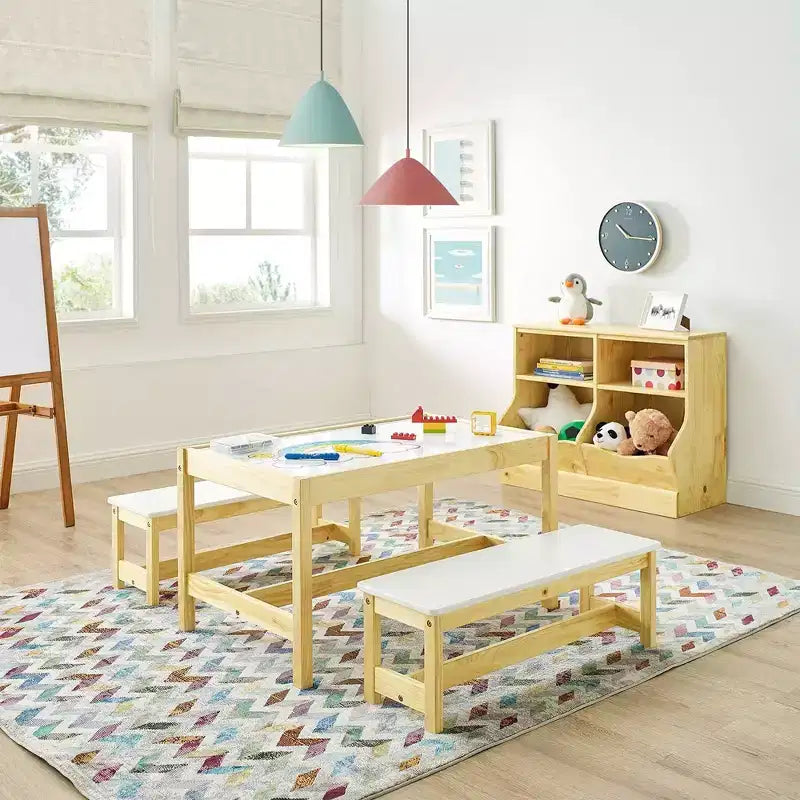 Set Tavolo e Panca Attività per Bambini in Legno Naturale, Piano Bianco, 3 Pezzi, 4 Posti